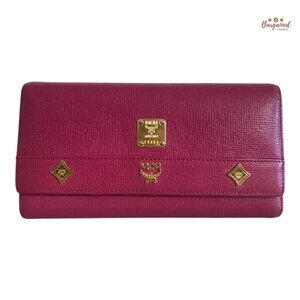 Authentic MCM Dark Pink Leather Studded Logo Motifs Trifold Long Wallet